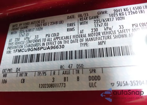 2023 Ford Escape Active z USA, uszkodzony, nr VIN 1FMCU9GN8PUA96630